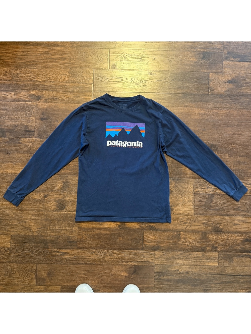 Patagonia Men’s S Small Regular Long Sleeve Crew Neck Blue Graphic Logo T-Shirt